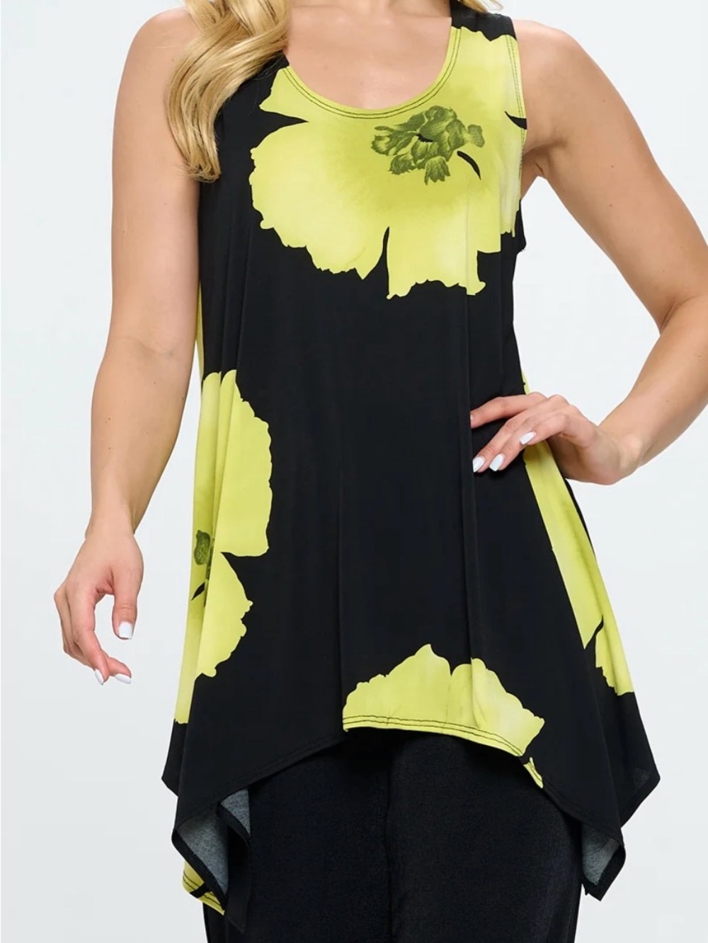 Black Tank Top with Yellow Floral Print - Women's Flowing Tunic